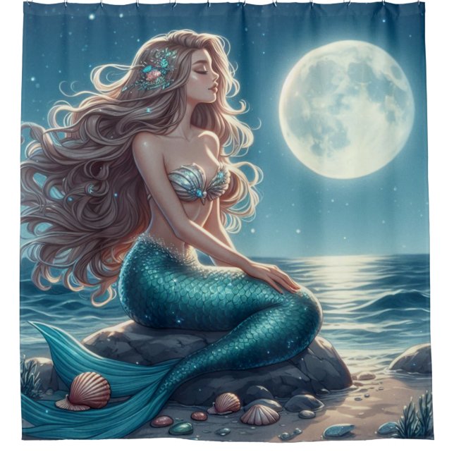 Rideaux De Douche Sirène sur la plage la nuit (Devant)