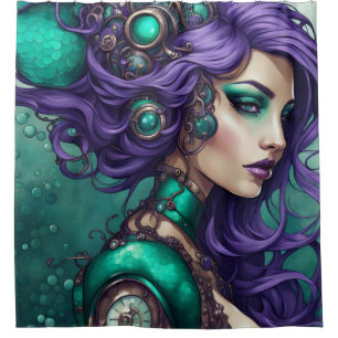 Rideaux De Douche "Sirène vapeur Turquoise et violette"