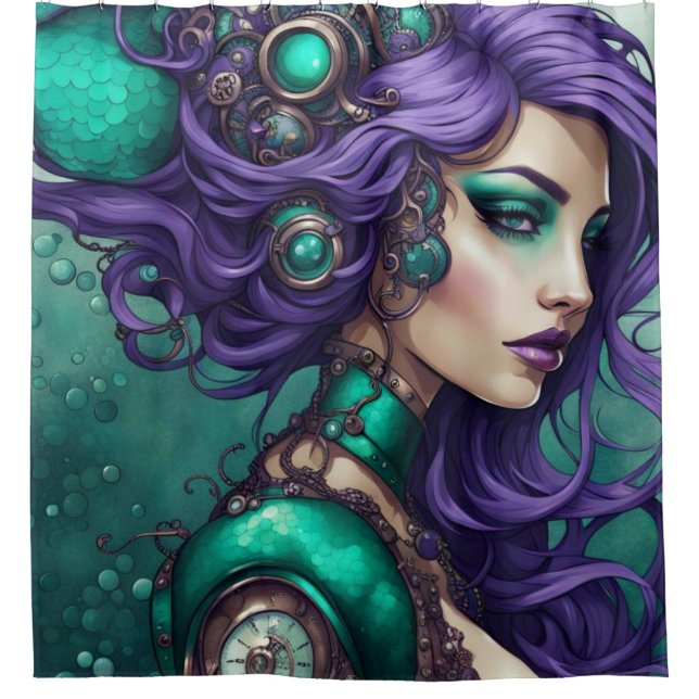 Rideaux De Douche "Sirène vapeur Turquoise et violette" (Devant)