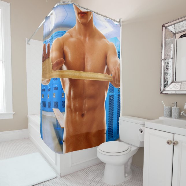 Rideaux De Douche SlipperyJoe homme musclé abs vestiaire pièce carre (En situation)