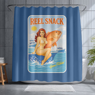 Rideaux De Douche Snack de pêche drôle rétro pin-up vivaneau rouge