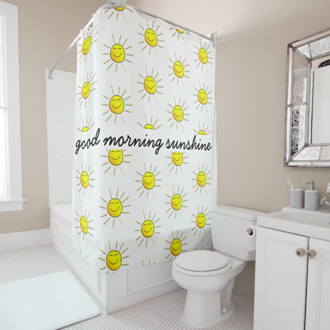 Rideaux De Douche Soleil bonjour ! Mignon ; jaune sur le blanc (En situation)