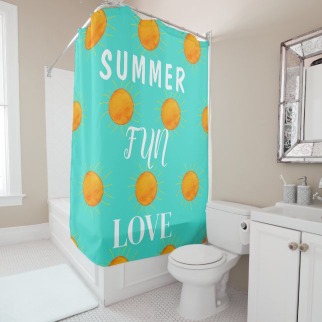 Rideaux De Douche Soleil Été Amour Amusant Turquoise (En situation)