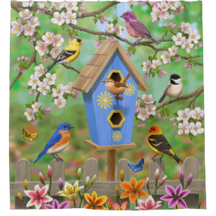 Rideaux De Douche Songbirds Lily Garden Birdhouse