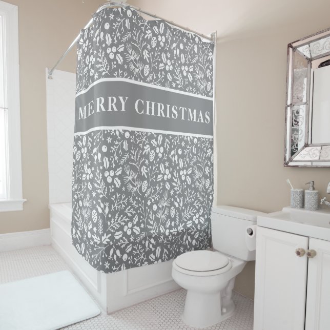 Rideaux De Douche Sophistiqué gris et blanc Motif Joyeux Noël (En situation)