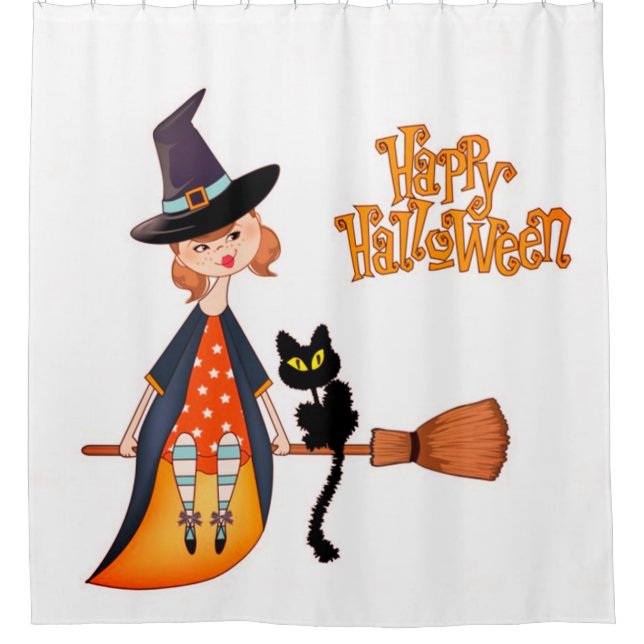 Rideaux De Douche Sorcière Et Chat Noir Joyeux Halloween (Devant)