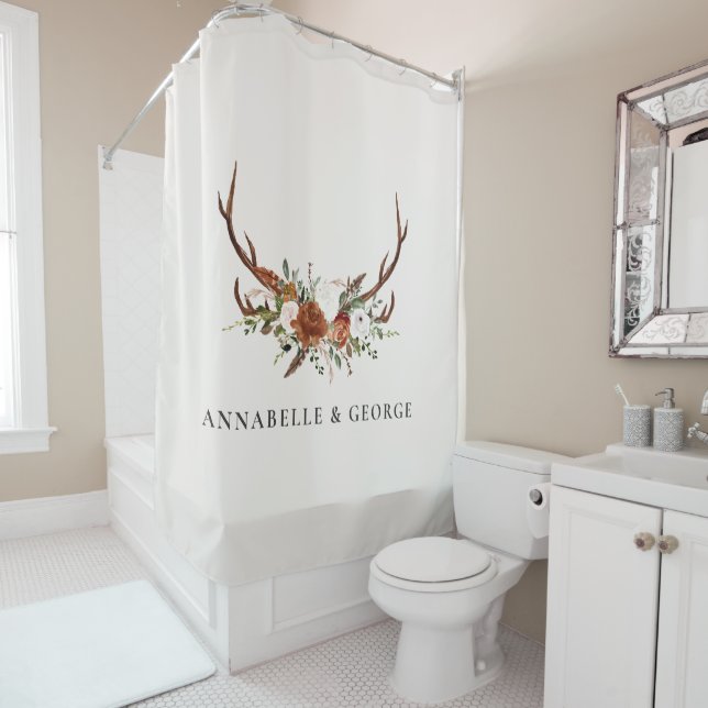 Rideaux De Douche Spectacle floral botanique vert d'Antler en terre  (En situation)