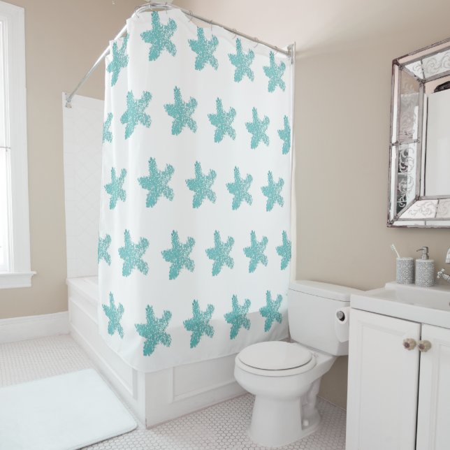 Rideaux De Douche Starfish Motif Plage Nautique Plage Bleu Vert (En situation)