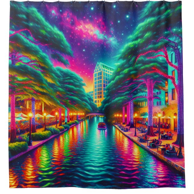 Rideaux De Douche "Starry Aurora : San Antonio Riverwalk Nightscape" (Devant)