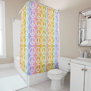 RIDEAUX DE DOUCHE STRIPES COLORÉES PASTEL SYMBOLES DE PAIX BLANC