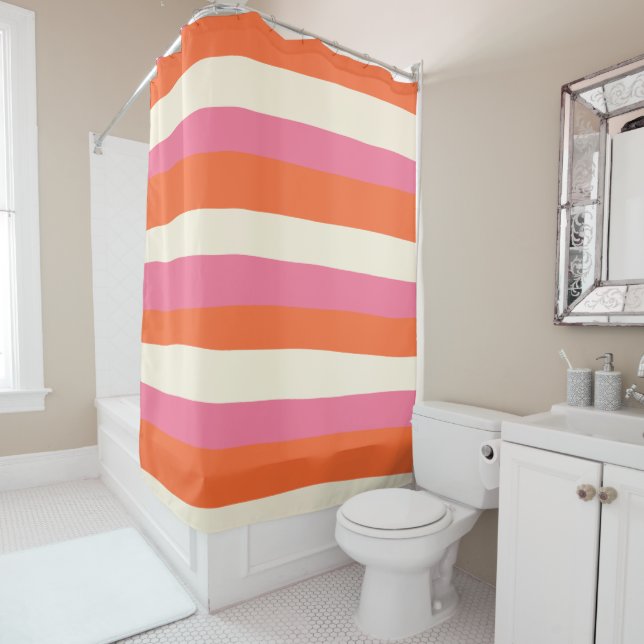 Rideaux De Douche Stripes inégales - rose, orange et crème (En situation)