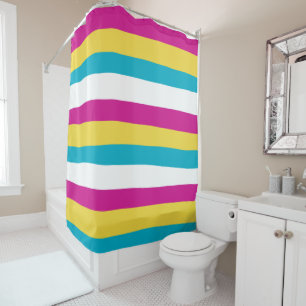 Rideaux De Douche Stripes inégales - Turquoise, Jaune, Rose et Blan