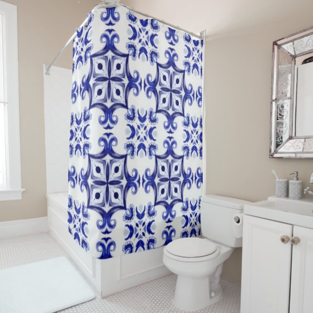 Rideaux De Douche style italien, majolica, carreaux, (En situation)