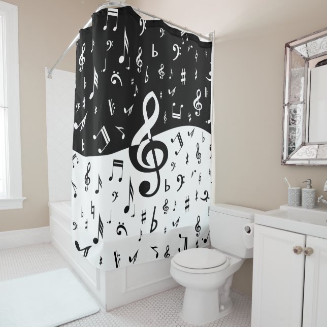 Rideaux De Douche Stylish Treble Clef Wave Black and White (En situation)