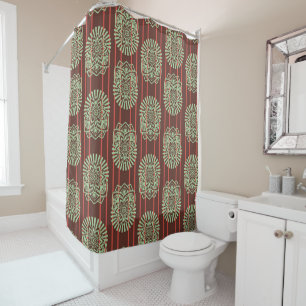 Rideaux De Douche Sun and Flower Petal Stripe Green Red Brown Mayan