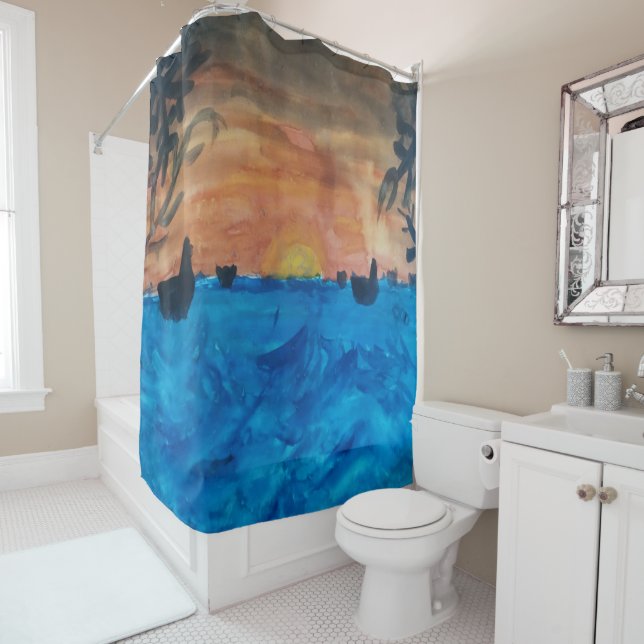 Rideaux De Douche Sunrise Beach Palm Trees (En situation)