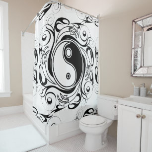 Rideaux De Douche Symbole Yin & Yang Style de Tatouage Noir et Blanc