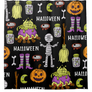 Rideaux De Douche Symboles d'Halloween, thème vintage continu