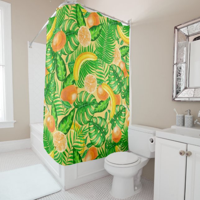 Rideaux De Douche Tangerines, bananes et feuilles tropicaux (En situation)