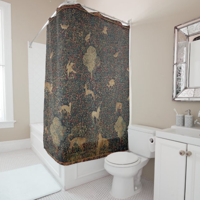 Rideaux De Douche Tapisserie allegorique Millefleurs avec animaux (En situation)