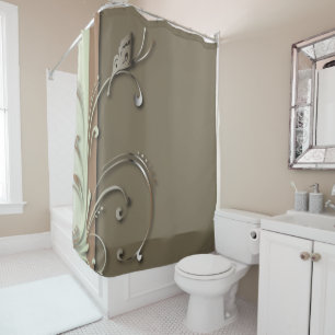 Rideaux De Douche Taupe et vert avec la vigne tourbillonnante et le