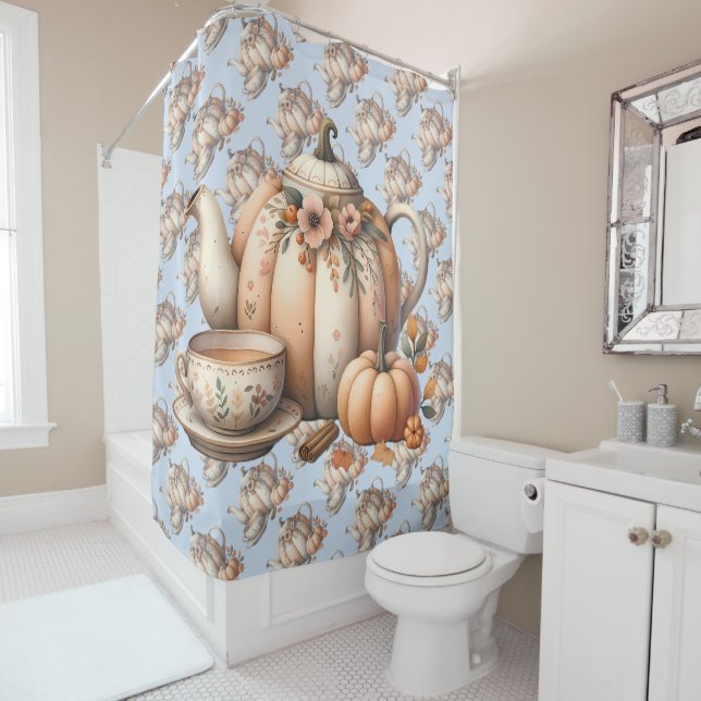 Rideaux De Douche Teapot citrouille avec fleurs d'automne (En situation)