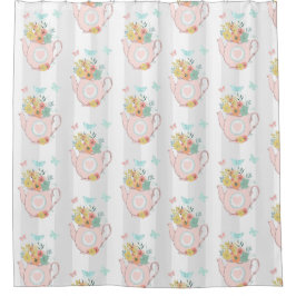 Rideaux De Douche Teapot rose avec Fleurs et Papillons Motif