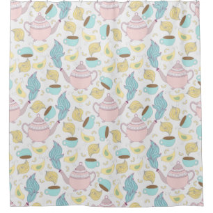 Rideaux De Douche Teapots Teacups et oiseaux Whimsical Pastel Motif