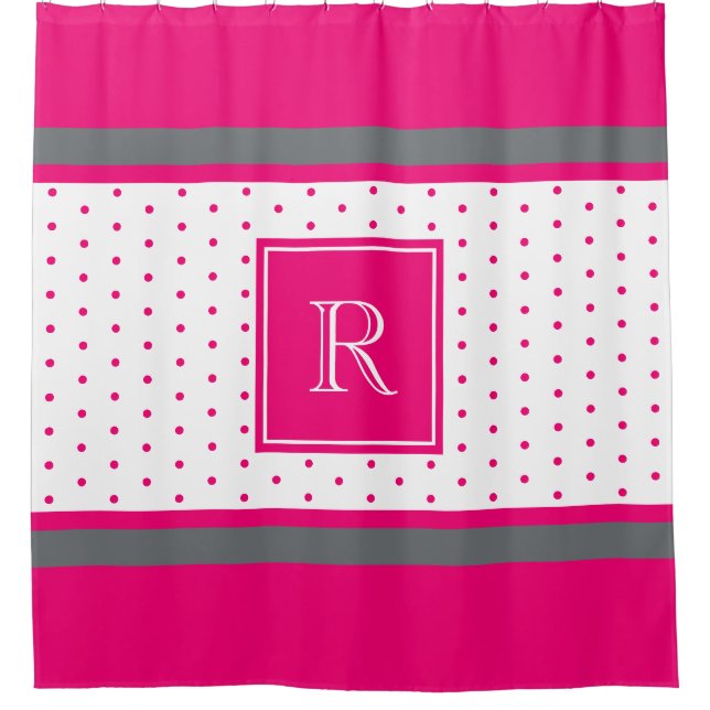 Rideaux De Douche Tendance rose chaud et argent rayé Monogramme (Devant)
