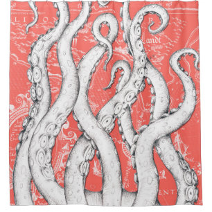 Rideaux De Douche Tentacles blancs Octopus Carte Vintage Corail Naut