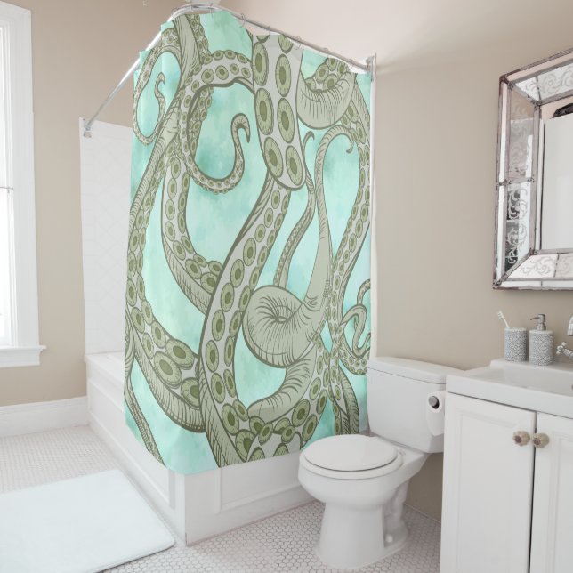 Rideaux De Douche Tentacles de pieuvre à l'aquarelle verte (En situation)