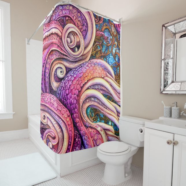 Rideaux De Douche Tentacles roses Kraken Octopus (En situation)
