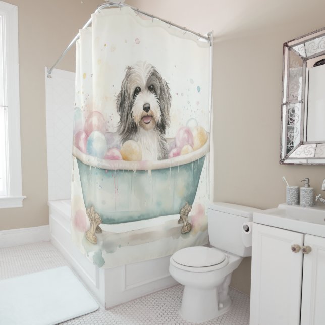 Rideaux De Douche Terrier Tibétain Dans Baignoire Aquarelle Chien Ar (En situation)