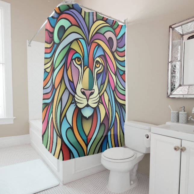Rideaux De Douche Tête de lion colorée détaillée (En situation)
