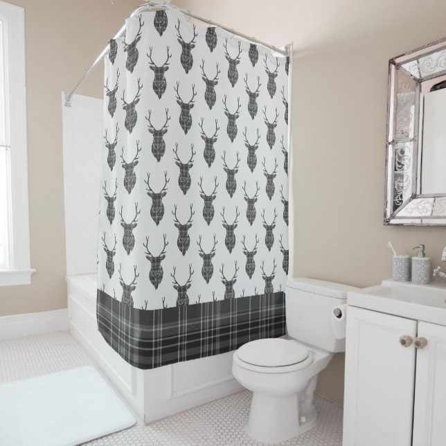 Rideaux De Douche Tête De Tête Et Tartan Gris Motif Rustique (En situation)
