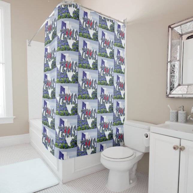 Rideaux De Douche Texas Forme Texas Drapeau Avec Bluebonnets (En situation)