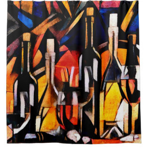 Rideaux De Douche Thèmes du vin dans le style du cubisme. Bouteilles