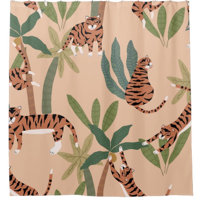 Rideaux De Douche Tigers d'été Palmiers Exotiques (Devant)