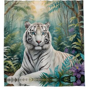 Rideaux De Douche Tigre blanc dans une jungle bleue verte