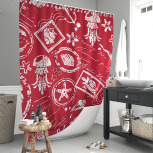 Rideaux De Douche Timbre de mer nautique rouge vintage
