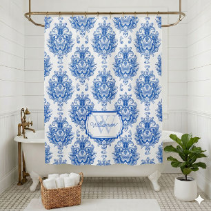 Rideaux De Douche Toile de Jouy Bleue Française Motif Damassé Nom Mo