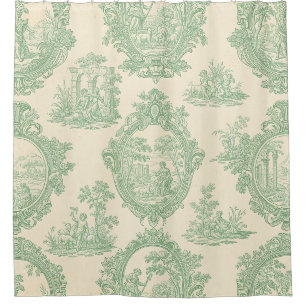 Rideaux De Douche Toile de Jouy Vert Menthe Scène de Couple et Jardi
