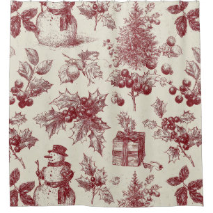 Rideaux De Douche Toile de Noël Rouge Vintage Botanique - Houx