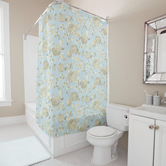 Rideaux De Douche Toile Florale De Crème Sur Bleu (En situation)