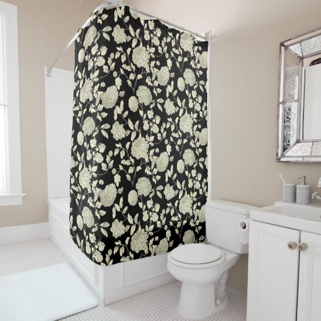 Rideaux De Douche Toile Florale De Crème Sur Noir (En situation)