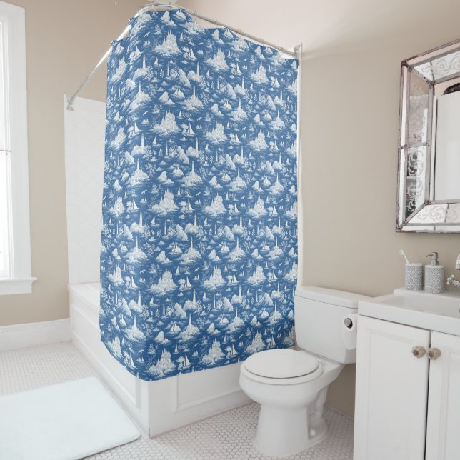 Rideaux De Douche Toile marine bleue de Jouy (En situation)