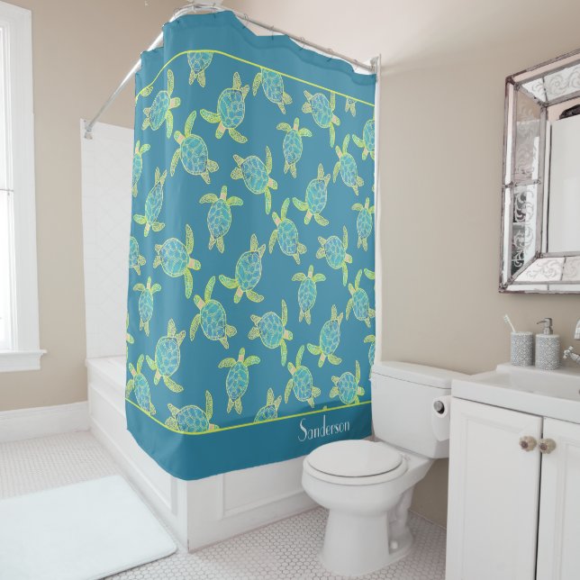 Rideaux De Douche Tortue marine marine personnalisée Turquoise bleu (En situation)