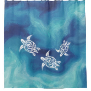 Rideaux De Douche Tortues blanches dans l'océan bleu aquarelle côtie