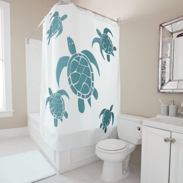 Rideaux De Douche Tortues de mer bleu classique Côte blanche (En situation)