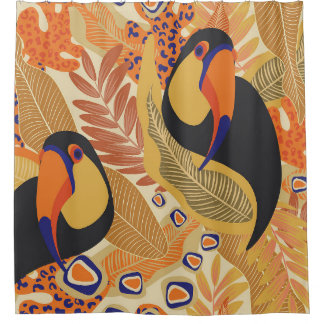 Rideaux De Douche Toucans sur branches, motif tropical sans soudure.